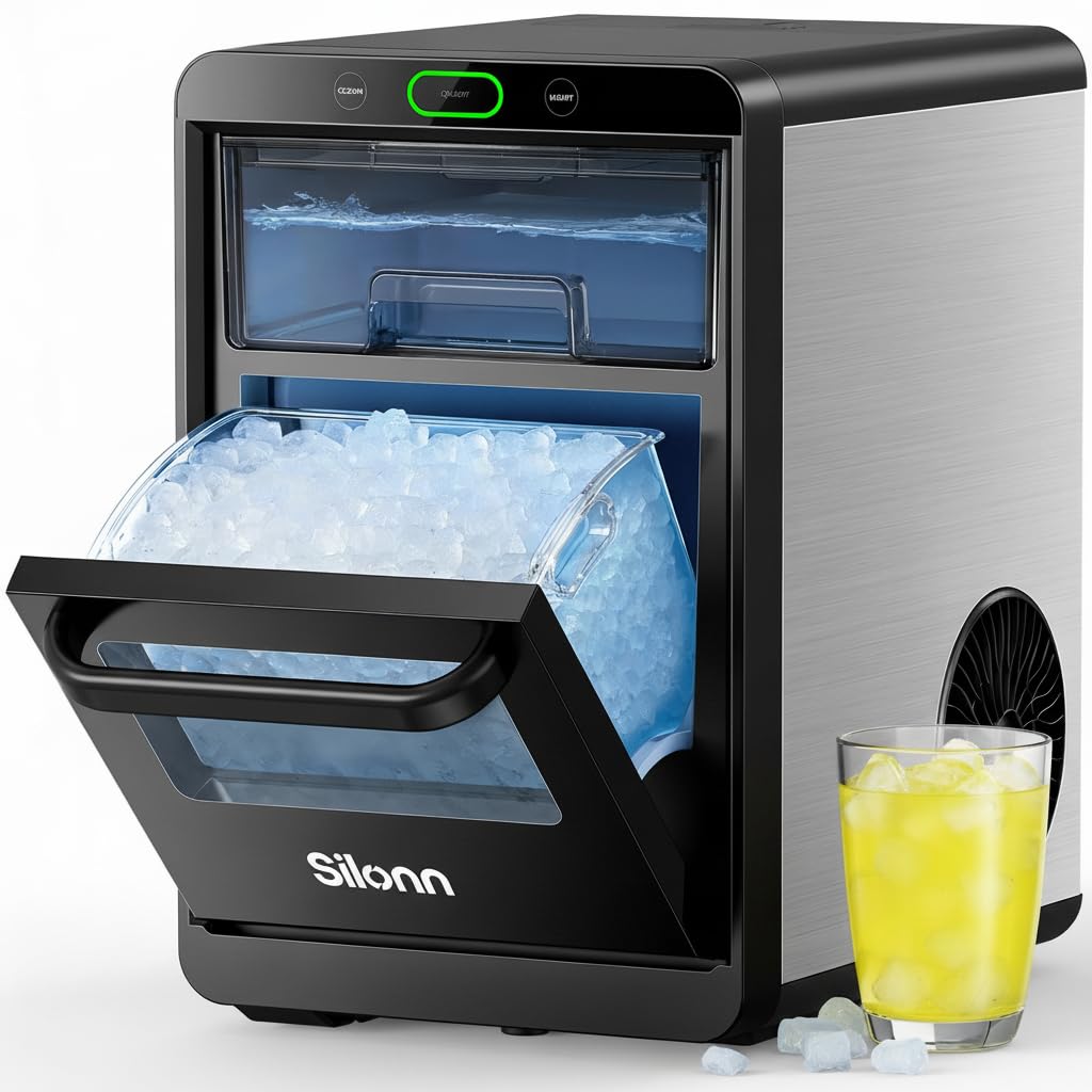 Nugget Ice Maker Countertop - 44Lbs/24H Crushed/Pebble Ice Machine, Front Pull-Out Water Tank & Removable Basket, Stainless Steel Finish for Home Kitchen