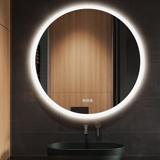 S·BAGNO 30’’ round Led Bathroom Mirror with Lights, Wall-Mounted Vanity Mirror, 3000K/4000K/6500K, inside Bluetooth Speaker Anti-Fog Dimmable Smart Mirror