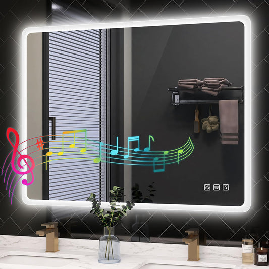 28"X36" LED Bathroom Mirror with Bluetooth Speaker, 3 Color Temperature, Stepless Dimming, Anti-Fog, Touch Control, Wall-Mounted Vanity Mirror, Vertical or Horizontal