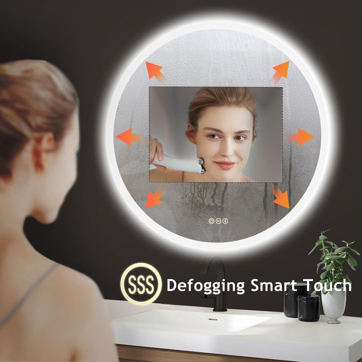 S·BAGNO 30’’ round Led Bathroom Mirror with Lights, Wall-Mounted Vanity Mirror, 3000K/4000K/6500K, inside Bluetooth Speaker Anti-Fog Dimmable Smart Mirror