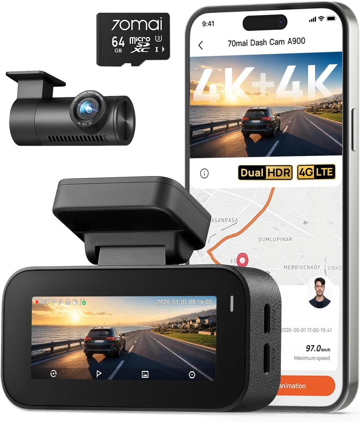 A900 4K+4K Dash Cam Front and Rear, 4G Remote View Dash Camera for Cars, App Control, Night Vision, Parking Mode,Includes 64GB Card,Wifi & GPS