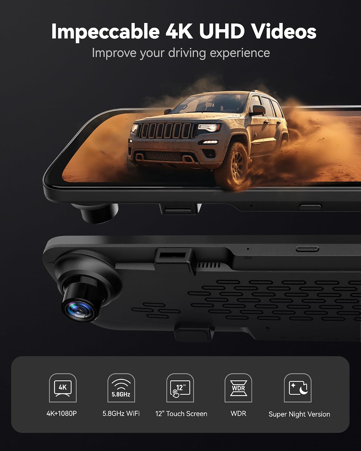 G840S 12" 4K Mirror Dash Cam Backup Camera with 32GB Card and GPS