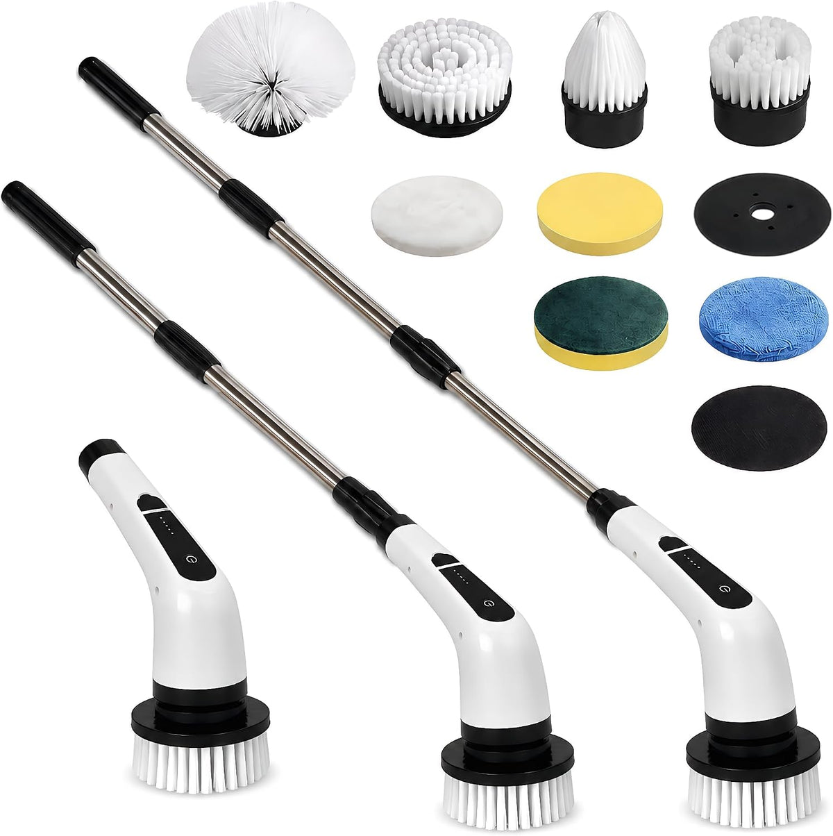 Electric Spin Scrubber- Ditch the Scrubbing! Long Handle Shower Scrubber with 9 Replaceable Heads - 2 Speed Cordless Brush Ensures Long Battery Life, Modern Design! (White)