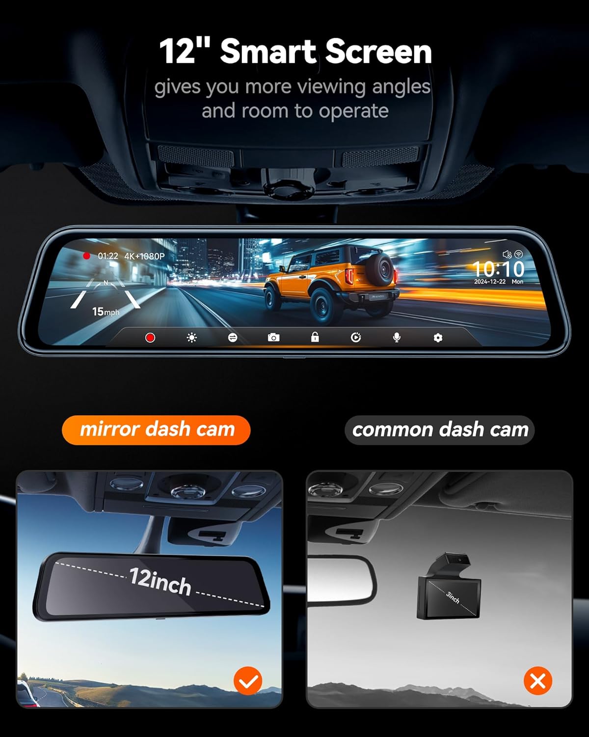 G840S 12" 4K Mirror Dash Cam Backup Camera with 32GB Card and GPS