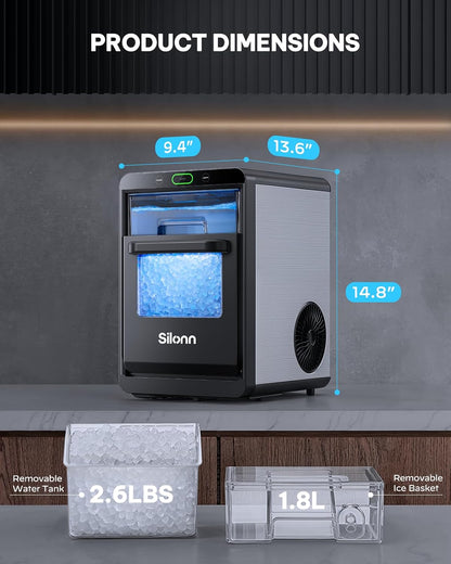 Nugget Ice Maker Countertop - 44Lbs/24H Crushed/Pebble Ice Machine, Front Pull-Out Water Tank & Removable Basket, Stainless Steel Finish for Home Kitchen