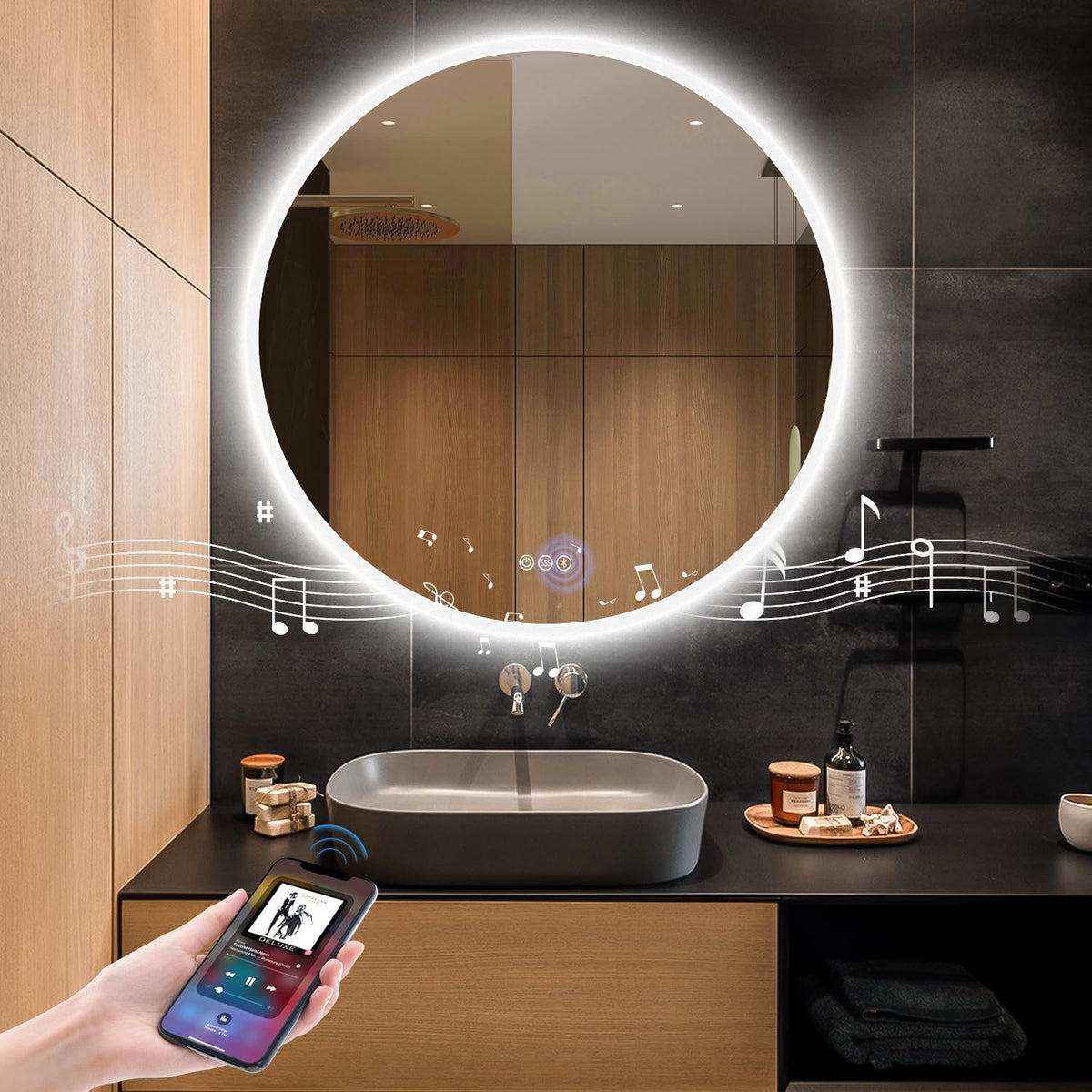S·BAGNO 30’’ round Led Bathroom Mirror with Lights, Wall-Mounted Vanity Mirror, 3000K/4000K/6500K, inside Bluetooth Speaker Anti-Fog Dimmable Smart Mirror