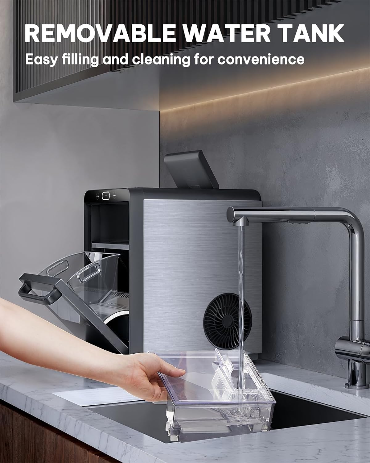 Nugget Ice Maker Countertop - 44Lbs/24H Crushed/Pebble Ice Machine, Front Pull-Out Water Tank & Removable Basket, Stainless Steel Finish for Home Kitchen