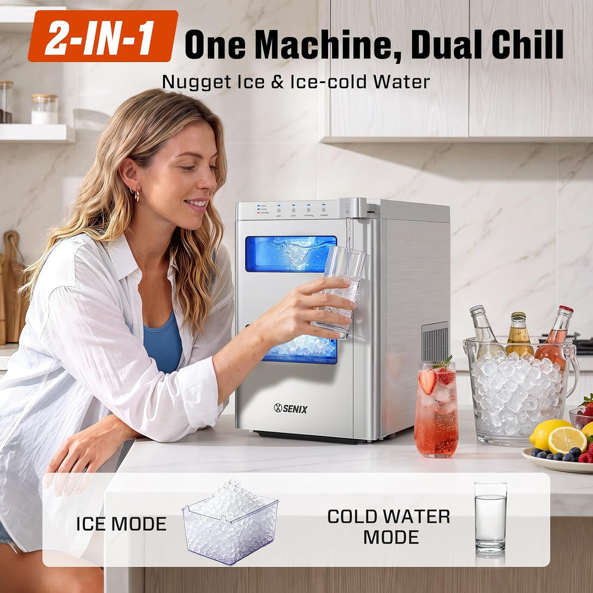 Nugget Ice Maker Countertop, 2 in 1 Portable Soft Pellet Ice Machine