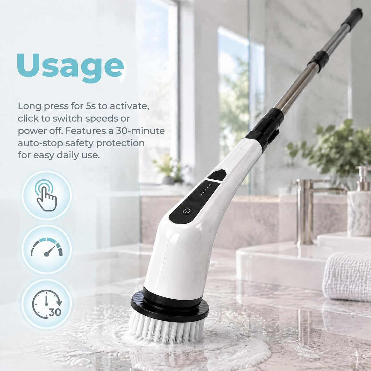 Electric Spin Scrubber- Ditch the Scrubbing! Long Handle Shower Scrubber with 9 Replaceable Heads - 2 Speed Cordless Brush Ensures Long Battery Life, Modern Design! (White)