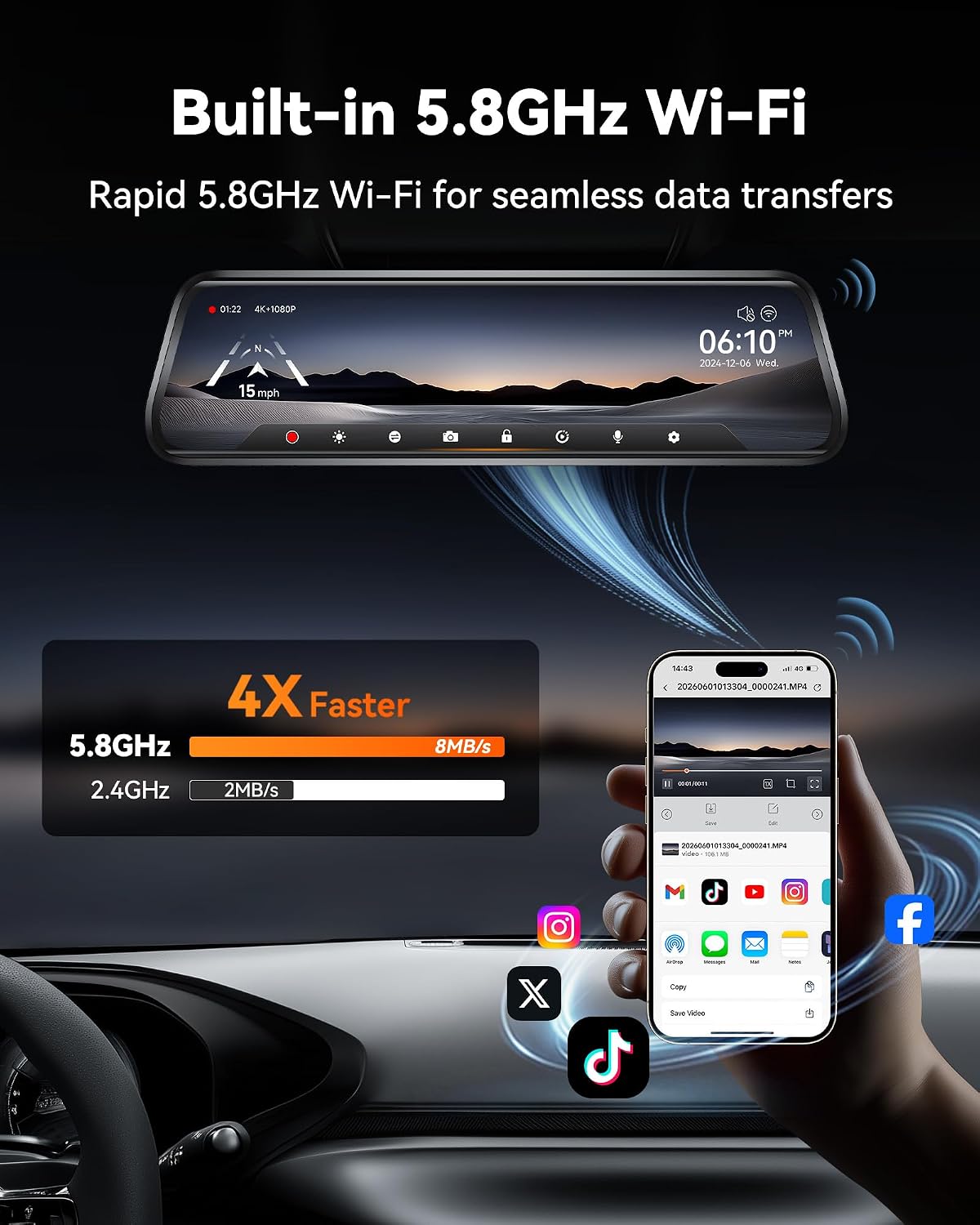 G930 10'' 4K Rear View Mirror Camera with 64GB Card,5.8Ghz Wifi