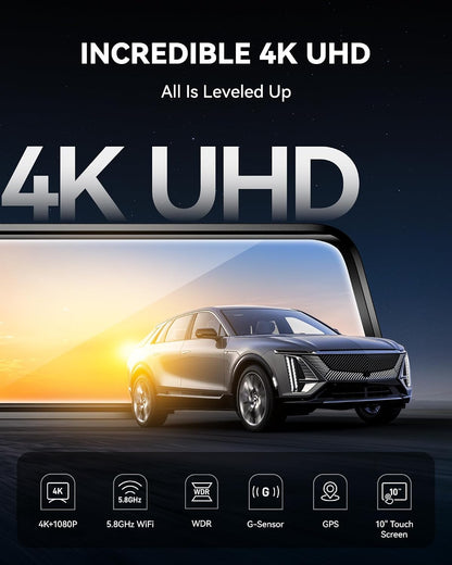 G930 10'' 4K Rear View Mirror Camera with 64GB Card,5.8Ghz Wifi