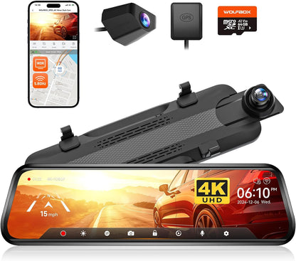 G930 10'' 4K Rear View Mirror Camera with 64GB Card,5.8Ghz Wifi