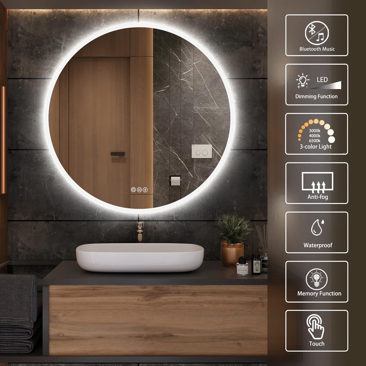 S·BAGNO 30’’ round Led Bathroom Mirror with Lights, Wall-Mounted Vanity Mirror, 3000K/4000K/6500K, inside Bluetooth Speaker Anti-Fog Dimmable Smart Mirror