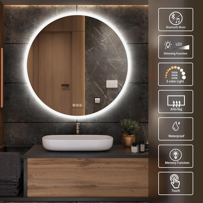 S·BAGNO 30’’ round Led Bathroom Mirror with Lights, Wall-Mounted Vanity Mirror, 3000K/4000K/6500K, inside Bluetooth Speaker Anti-Fog Dimmable Smart Mirror