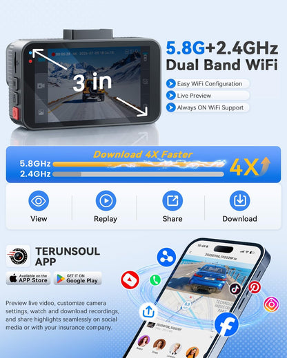 4K+4K Dash Cam, Free 128GB Card, 5.8Ghz Wifi6 - up to 20Mb/S