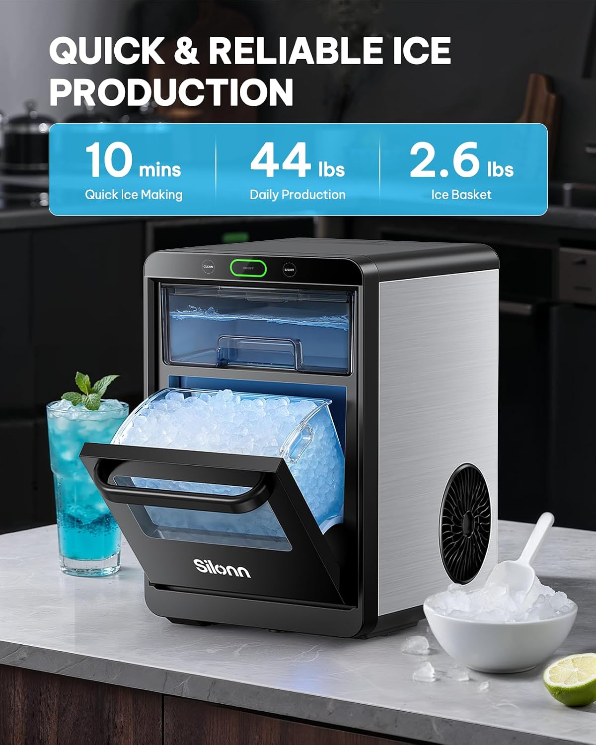 Nugget Ice Maker Countertop - 44Lbs/24H Crushed/Pebble Ice Machine, Front Pull-Out Water Tank & Removable Basket, Stainless Steel Finish for Home Kitchen