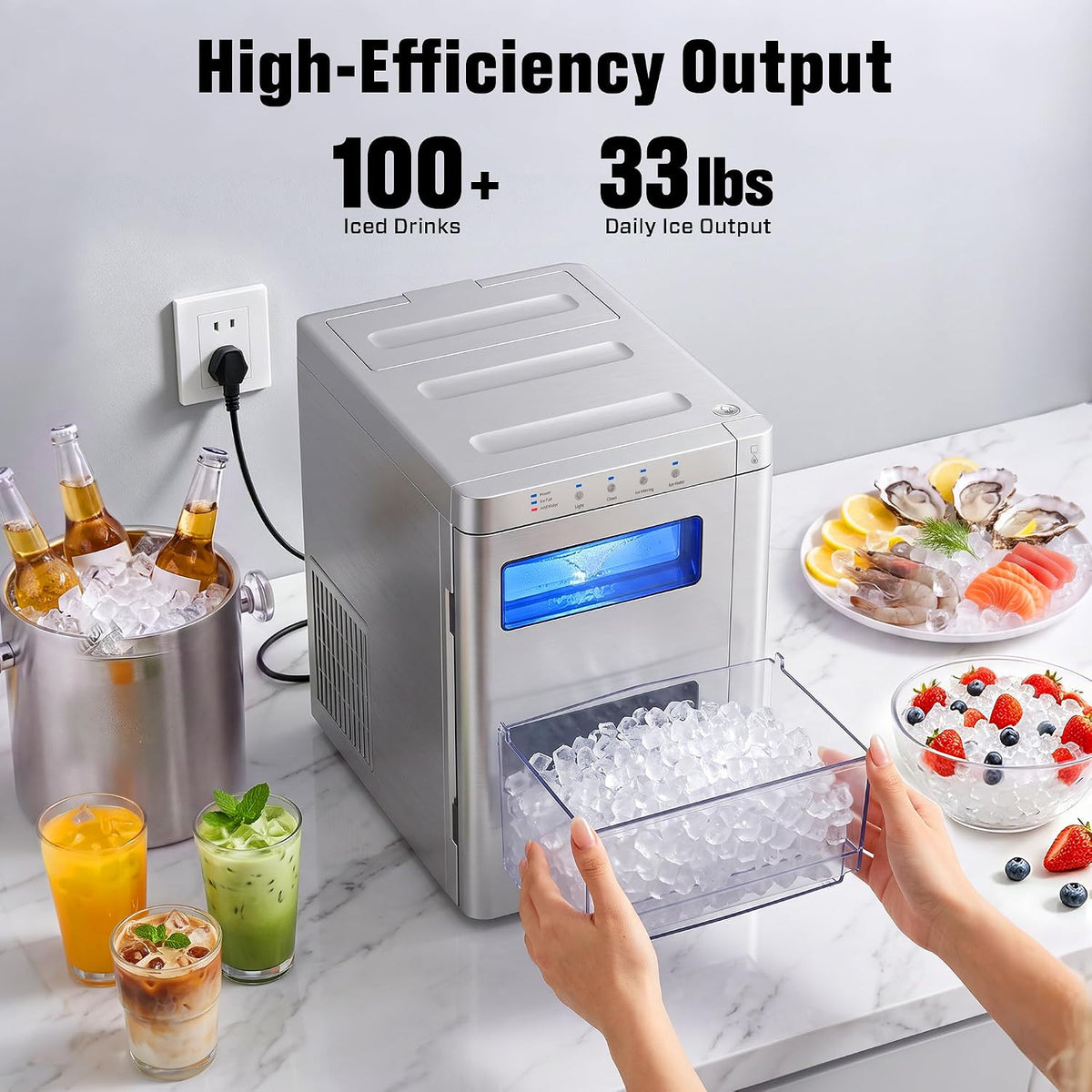 Nugget Ice Maker Countertop, 2 in 1 Portable Soft Pellet Ice Machine
