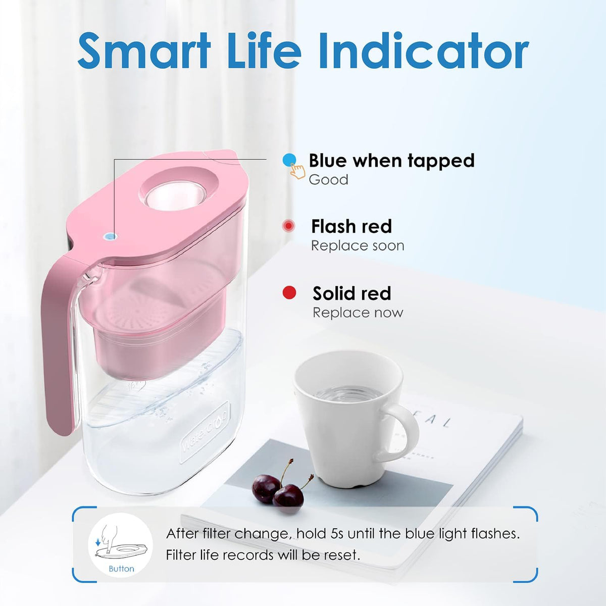 PT-05P Water Filter Pitcher, 7-Cup Capacity, NSF Certified, Pink